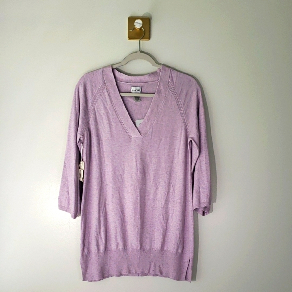 Chico's NWT Women Sweater Top Medium 8 Sz 1 Lavender Knit Vneck Soft Preppy Golf